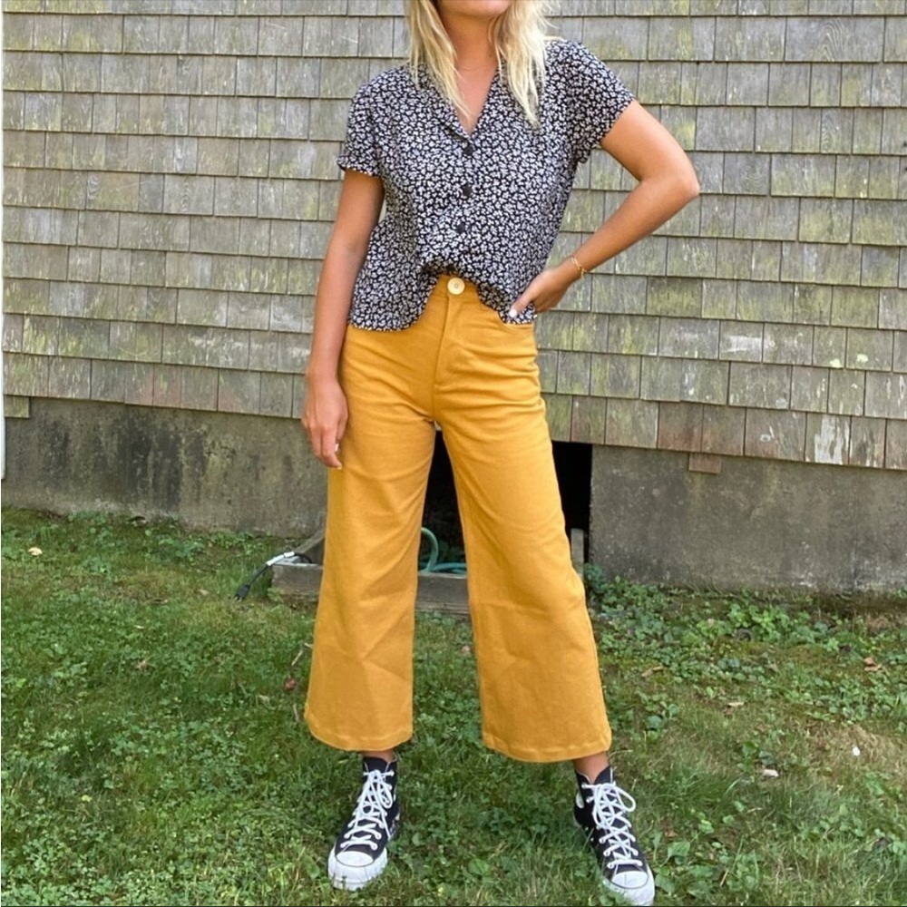 Whimsy & Row Flora Organic Cotton Wide Leg Cropped Pant in Mustard Yellow - Picture 3 of 9